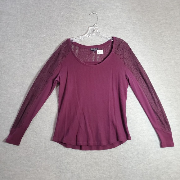 VINTAGE Lucky Brand Women Top Large Red Shirt Waffle Knit Lace Sleeve - Picture 1 of 7